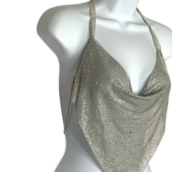 Unbranded Womens Cowl Neck Halter Top Silver Mesh Festival Party Glam 70s - Picture 2 of 7